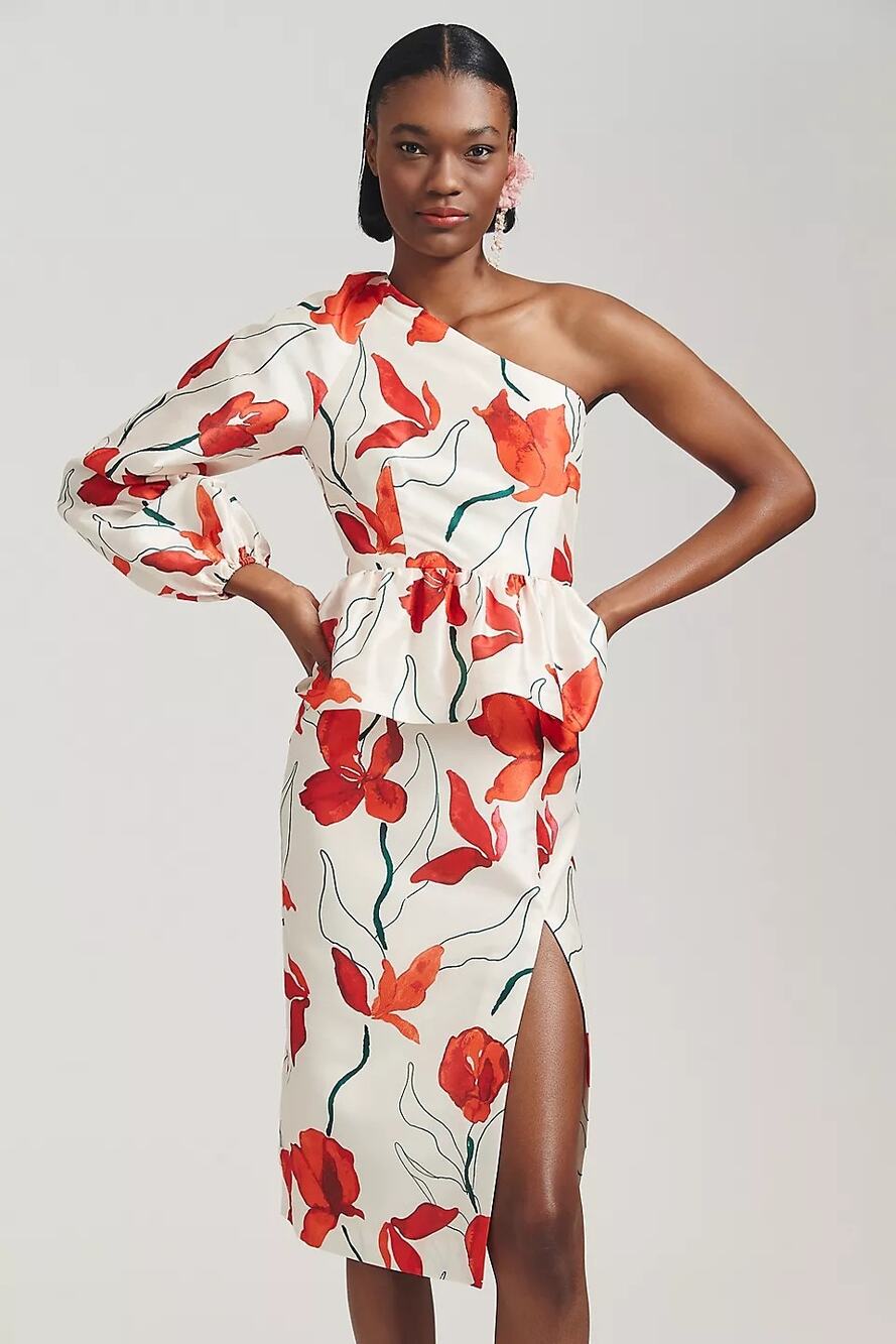 NWT ANTHROPOLOGIE Hutch One-Shoulder Peplum Dress $198 SIZE 6 Red Floral